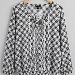 Black & White Plaid Lace-Trim Blouse
